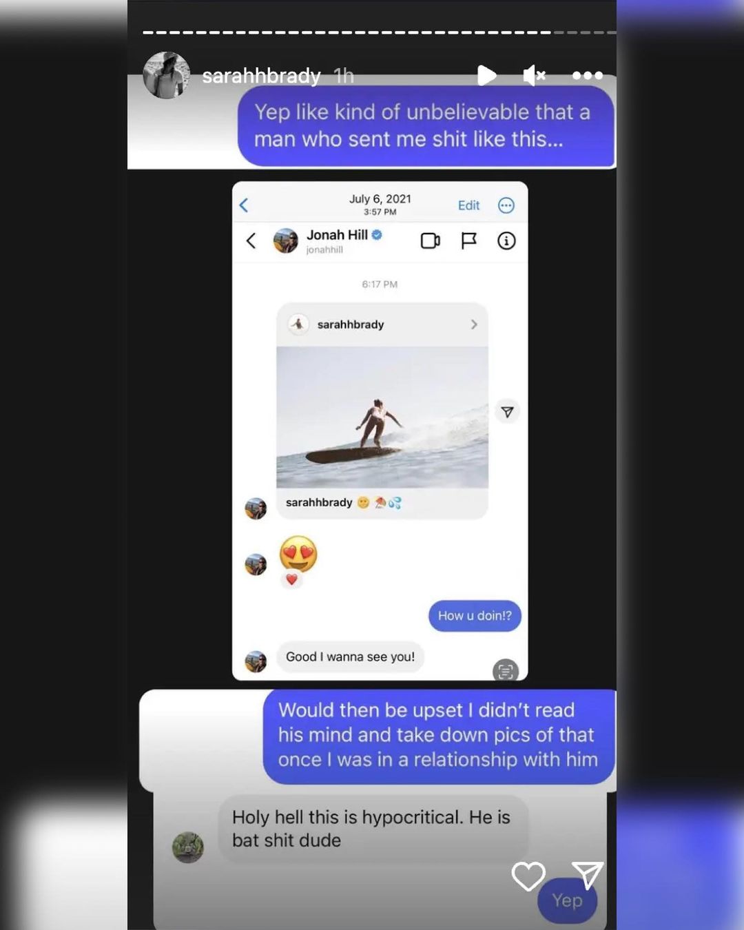 Jonah Hill: Τα Instagram Stories της πρώην του που τον κατηγορεί για «συναισθηματική κακοποίηση» Jonah Hill, screenshot message