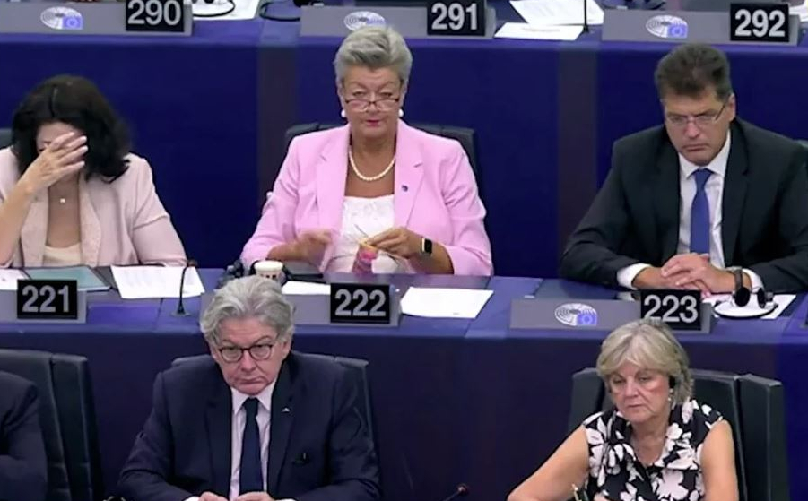 Η Επίτροπος Εσωτερικών Υποθέσεων έπλεκε ροζ κάλτσες στο Ευρωκοινοβούλιο την ώρα που μιλούσε η Ούρσουλα φον ντερ Λάιεν (vid)